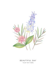 Wild flowers bouquet, watercolor digital illustration. Perfectly for poster, card design. Mother's Day, Birthday, Valentine's day, Wedding decoration.