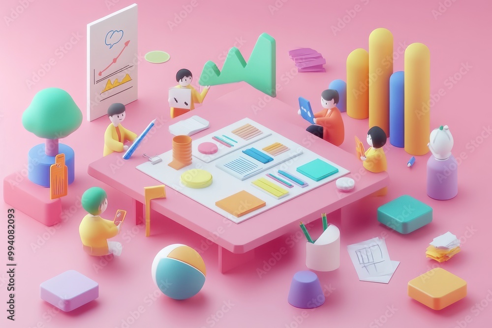 Aufkleber a colorful illustration of people collaborating on a project with charts and graphs.