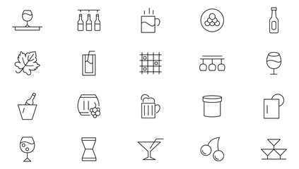 Winemaking and Wine line icon set.  Grapes, wine glass and bottle, corkscrew, barrel, bottle, bunch of grapes, glass of wine line icon set. UI thin line icon pack.