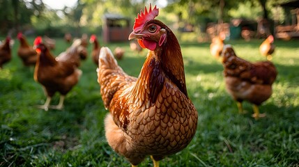 A proud brown hen stands out among a flock in a lush green farm setting.