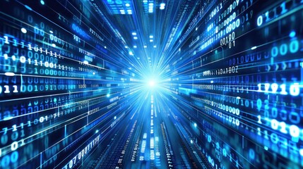 Obraz premium Abstract binary data stream with glowing light in the center. Futuristic technology and digital communication concept.