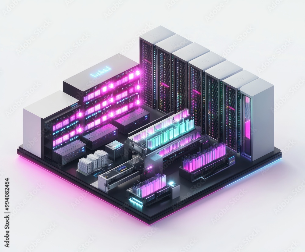 Poster a futuristic data center with illuminated servers and storage systems.