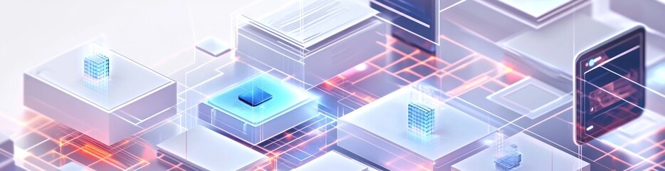 Fototapeta premium Abstract digital landscape featuring geometric shapes and glowing elements, symbolizing technology.