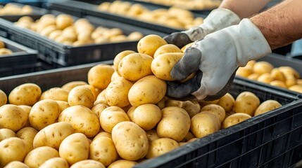 A worker stacks fresh potatoes in bins, showcasing the abundance and quality of produce in a farm setting.