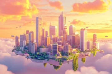 Obraz premium A vibrant, floating city above the clouds at sunset, showcasing futuristic architecture and greenery.
