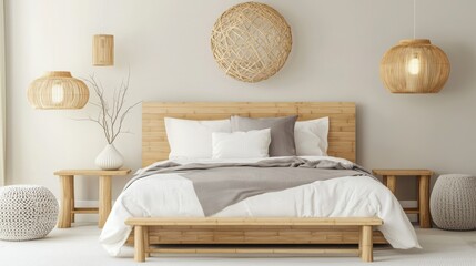 Stylish modern bedroom featuring a wooden bed, cozy pillows, and natural decor, creating a serene and inviting atmosphere.