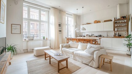This bright studio apartment has a Scandinavian feel. It's spacious and uses soft white and beige colors. The living area has stylish furniture, and the kitchen is modern.