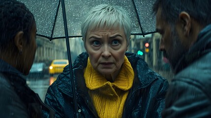 Fototapeta premium An elderly white woman in a yellow sweater caught in the rain, surrounded by two others.