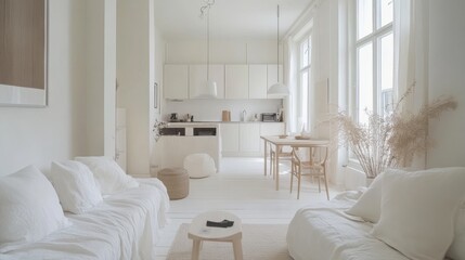 This bright studio apartment has a Scandinavian feel. It's spacious and uses soft white and beige colors. The living area has stylish furniture, and the kitchen is modern.