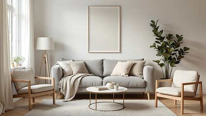 A Scandinavian-style living room with neutral tones, featuring minimalist furniture and natural elements. The cozy, light-filled space exudes simplicity, warmth, and modern elegance.