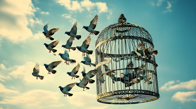 una jaula y aves escapando de la jaula siendo libres simbolo de paz y libertad aves volando al cielo libres