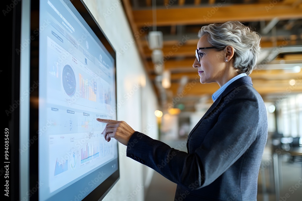Poster businesswoman standing in modern office workspace,pointing at large display screen showing data anal