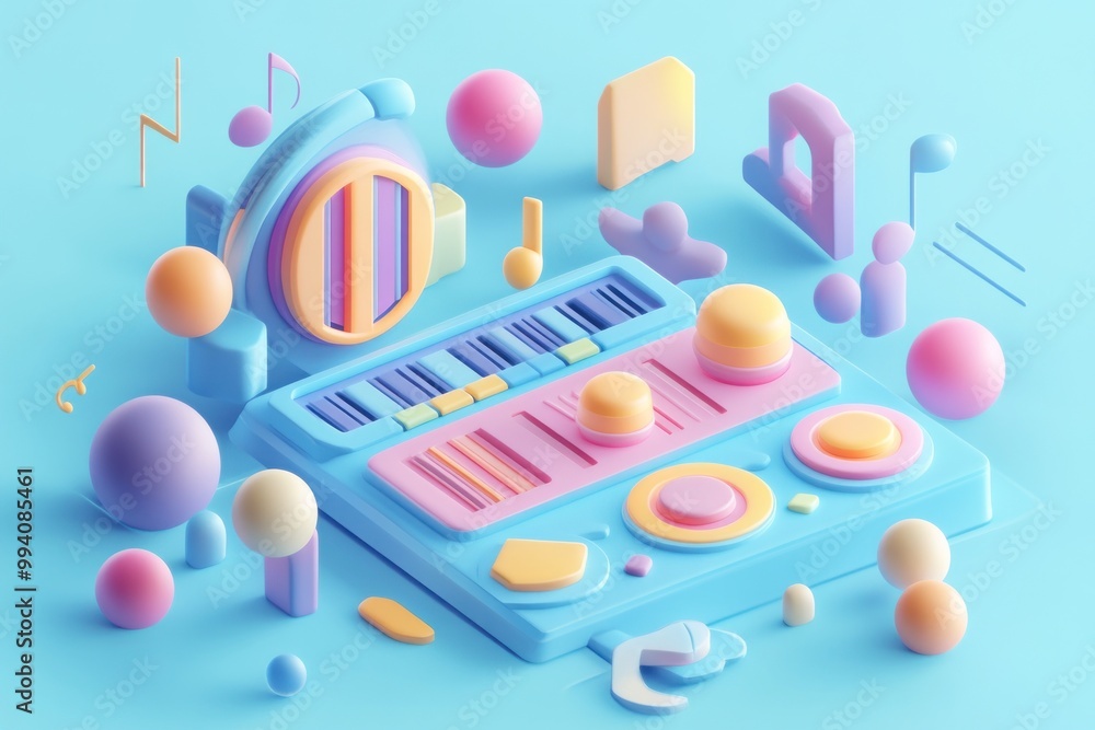 Poster a colorful 3d representation of a music mixer with playful shapes and musical notes.