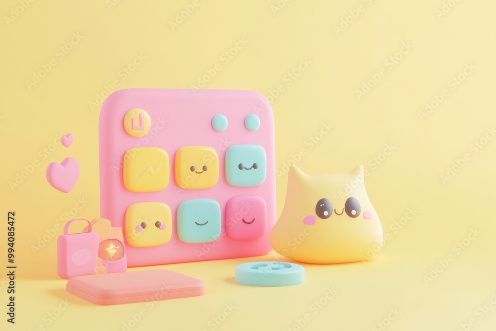 Poster a playful arrangement of cute, colorful objects, including a smiling blob and buttons.