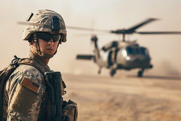 Military soldier posed confidently with helicopter in the background symbolizing strength