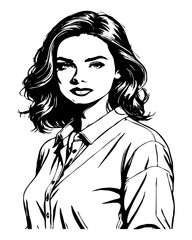 Fictional female character. Black and white line art. Logo design for use in graphics. T-shirt print, tattoo design.