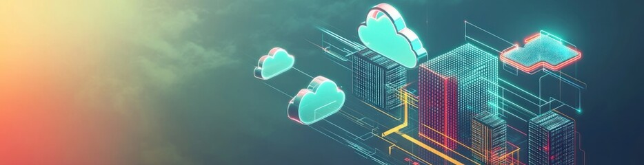 Fototapeta premium Digital illustration of cloud computing with buildings and abstract cloud icons.