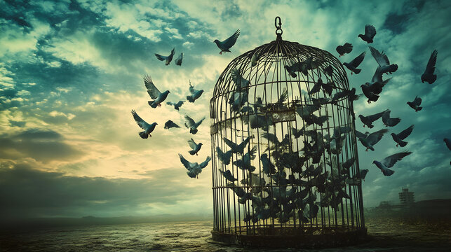 pajaros aves saliendo de una jaula escapando representando la libertad y la paz liberacion y vuelo libre