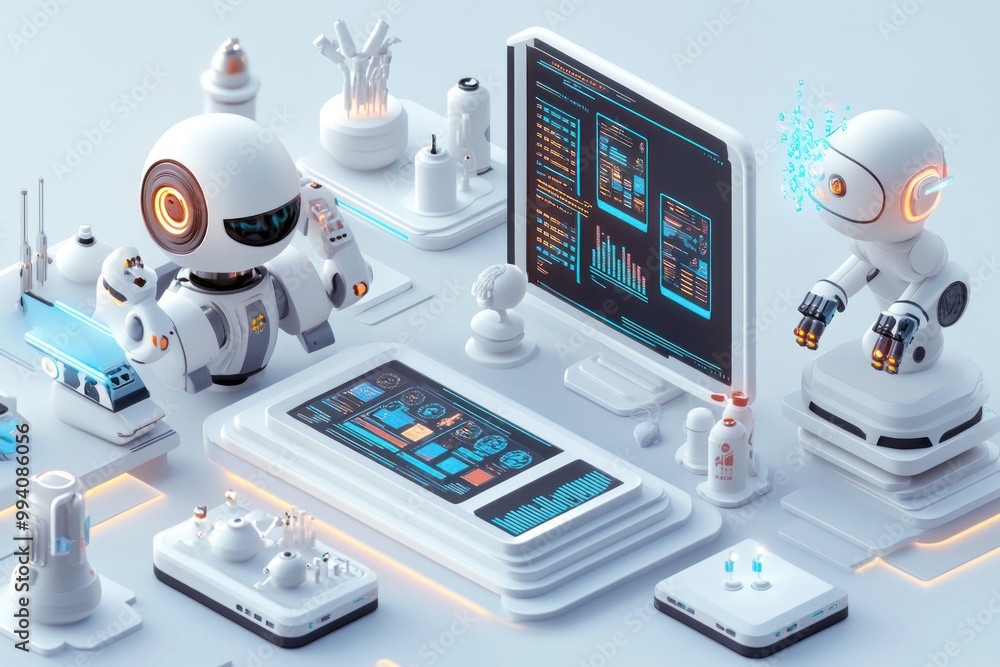 Poster a futuristic workspace featuring robots and data analysis tools.