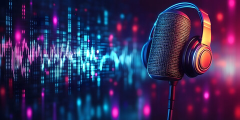 Vintage microphone with sound waves and digital lines, symbolizing audio recording and podcasting, generative ai