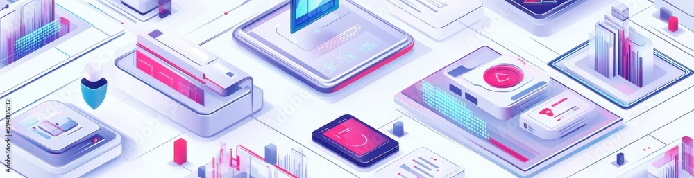 Poster a digital landscape featuring devices and data visualizations in a modern, abstract style.