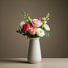 Naklejka premium Beautiful Flower Bouquet in White Vase on Beige Background