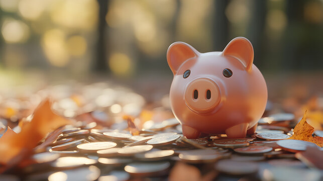 un fondo con monedas sobre las monedas hay una alcancia de cerdo juntando dinero ahorrando para la economia y exito 