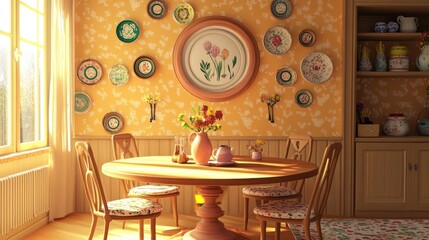 A cozy dining area with floral decor and a sunlit ambiance.