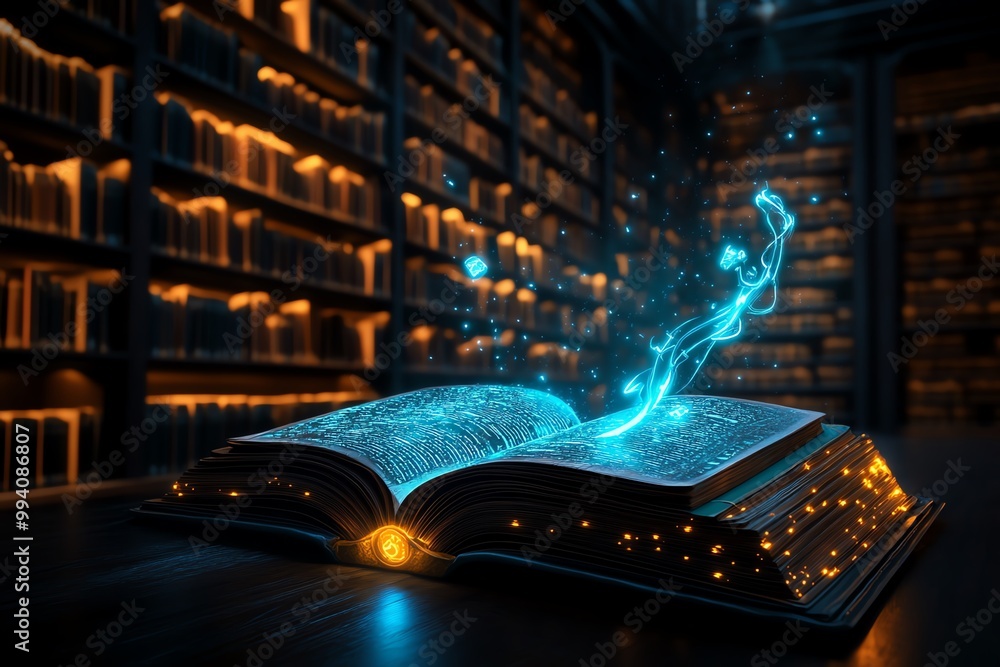 Poster A magical library with floating books and glowing scrolls, shelves stretching endlessly into the darkness, with a mystical aura surrounding the space