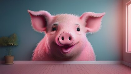 A surreal 3D rendering of a happy pink pig's head emerging from a teal wall in a brightly lit, minimalistic room. Ideal for abstract art, playful decor, or whimsical design projects.