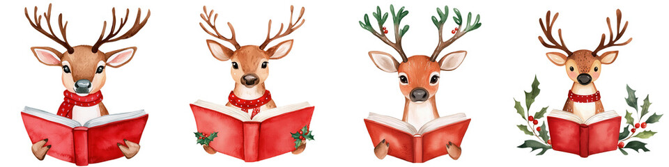 Four playful reindeer reading books, adorned with festive decorations, on a white isolated background. transparent background