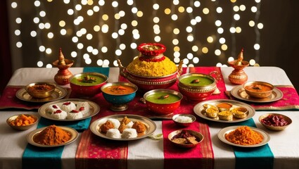 Naklejka premium Vibrant festive table adorned with traditional Indian dishes, offering a colorful dining experience for a celebratory occasion.