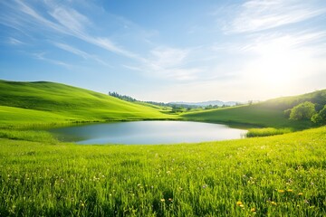 Obraz premium Serene Countryside Landscape with Rolling Hills Vibrant Meadow and Tranquil Reflecting Lake