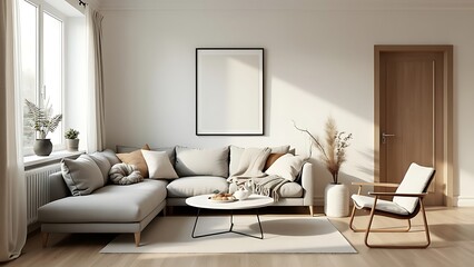 A Scandinavian-style living room with neutral tones, featuring minimalist furniture and natural elements. The cozy, light-filled space exudes simplicity, warmth, and modern elegance.