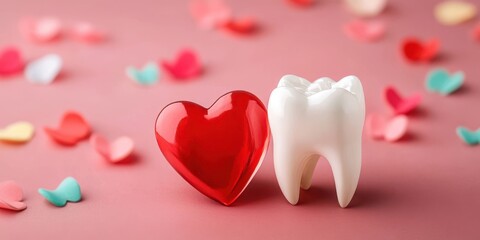Obraz premium Healthy Tooth and Heart with Red Hearts and Butterflies