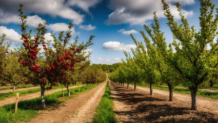 Obraz premium Orchard scene featuring rows of apple trees with red apples and green foliage under a blue sky, showcasing nature's beauty and agricultural vitality.