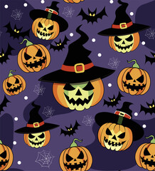 Seamless vector background of Halloween symbols: pumpkins in witch hats, bats and spider webs. Vector illustration