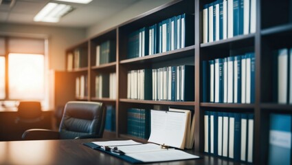 Modern office space featuring organized bookshelves, desk, and natural light emphasizing productivity and professionalism in a study-friendly environment.