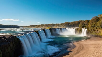 Breathtaking waterfall cascading into river with serene blue waters under bright sky, ideal for travel adventures and nature photography.
