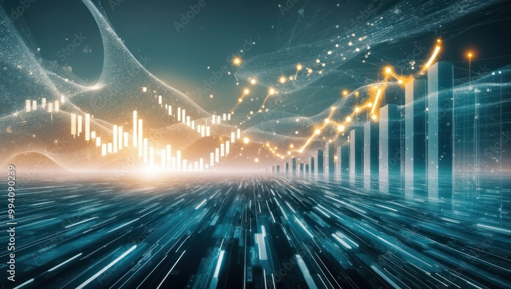 Poster dynamic digital landscape showcasing financial data trends and analytics with glowing graphs and lin