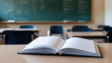 Open book on desk in classroom setting highlights educational focus and promotes learning atmosphere for students and teachers in organized space.