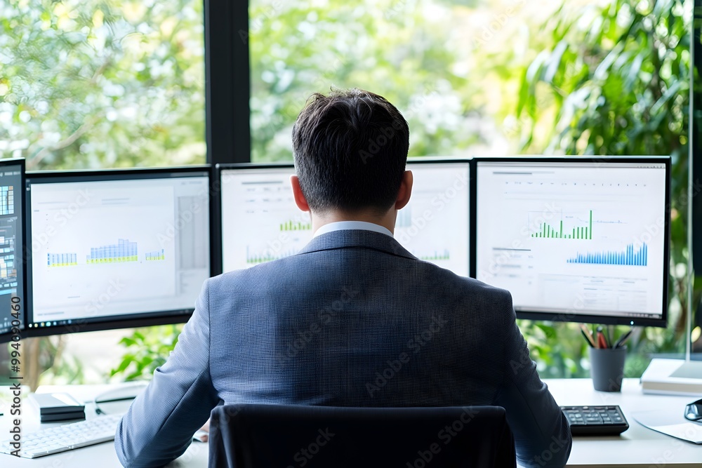 Poster corporate professional analyzing financial data and analytics on multiple monitors in office environ
