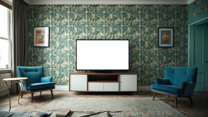 Obraz premium Stylish living room featuring comfortable seating, floral wallpaper, and a blank television, creating a cozy and modern atmosphere for relaxation.