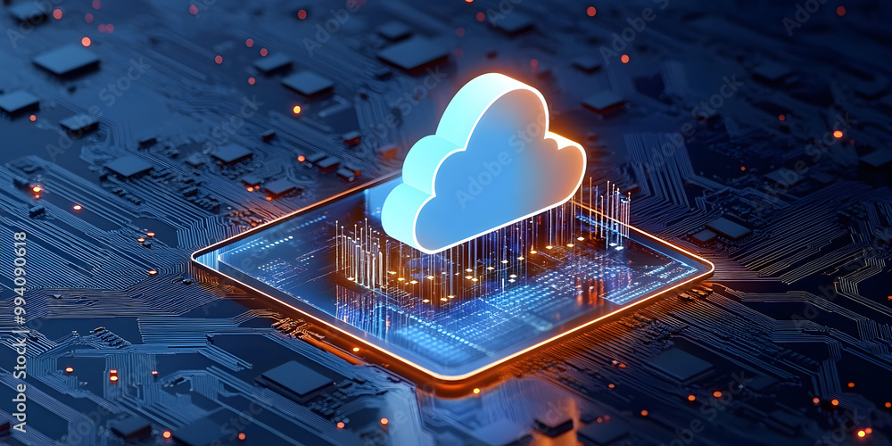 Poster cloud security, security concept with cloud icon on a microchip, generative ai