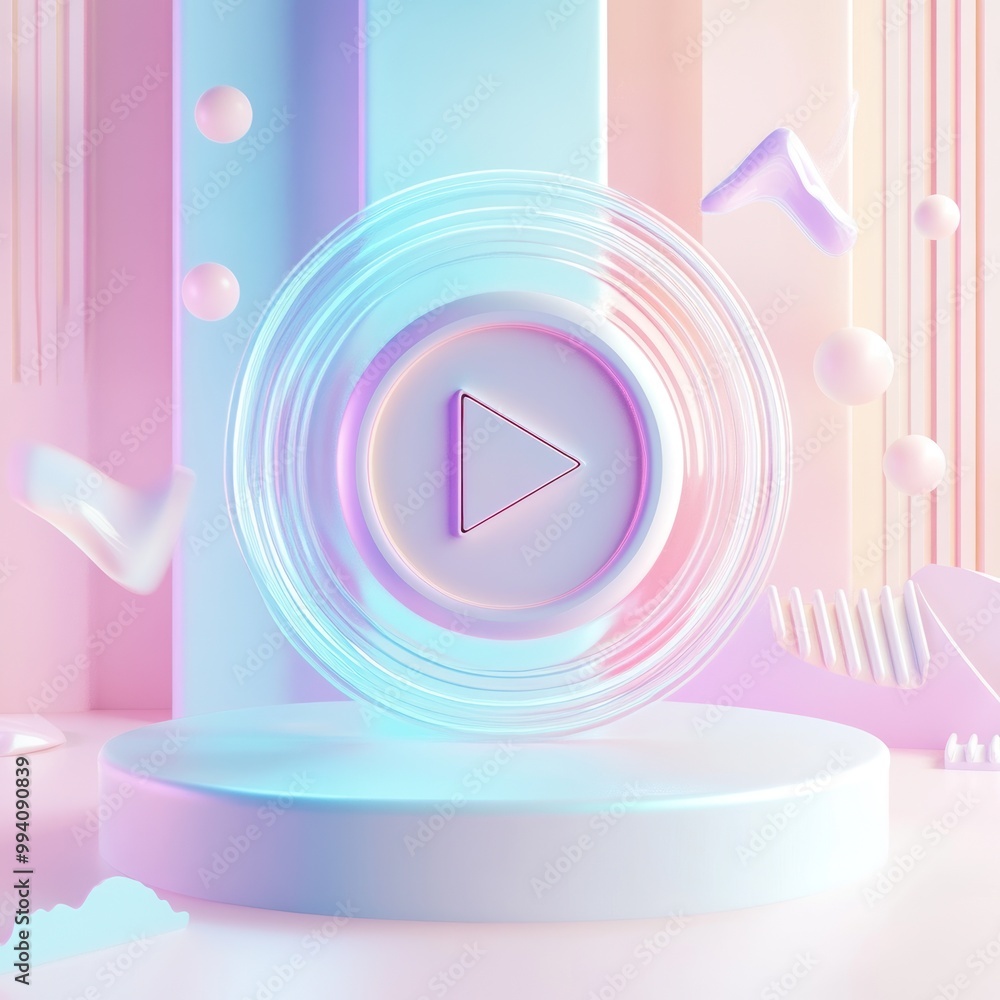 Poster A colorful 3D play button surrounded by abstract shapes and soft gradients.