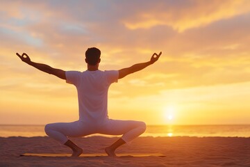 Handsome Man Performing Graceful Yoga Poses on Peaceful Beach at Sunset