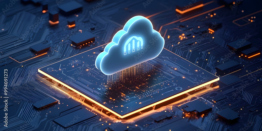 Poster cloud security, security concept with cloud icon on a microchip, generative ai
