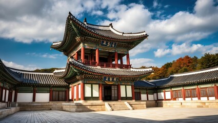 Stunning traditional temple showcasing intricate architecture, serene atmosphere, surrounded by vibrant autumn colors and clear blue skies.