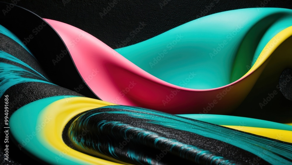 Poster colorful, abstract design featuring smooth curves and dynamic waves creating vibrant visual depth an