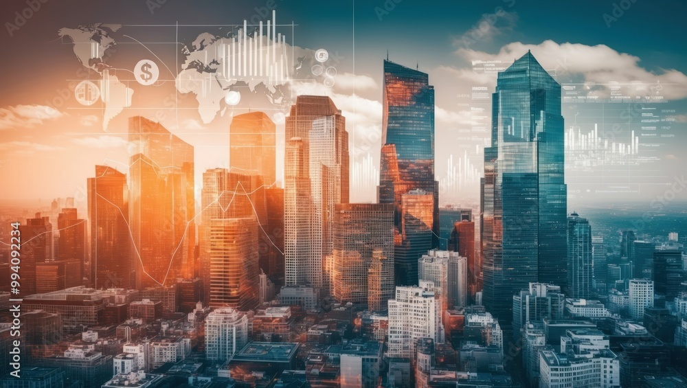 Poster dynamic city skyline with futuristic data visualization and financial graphics, representing modern 